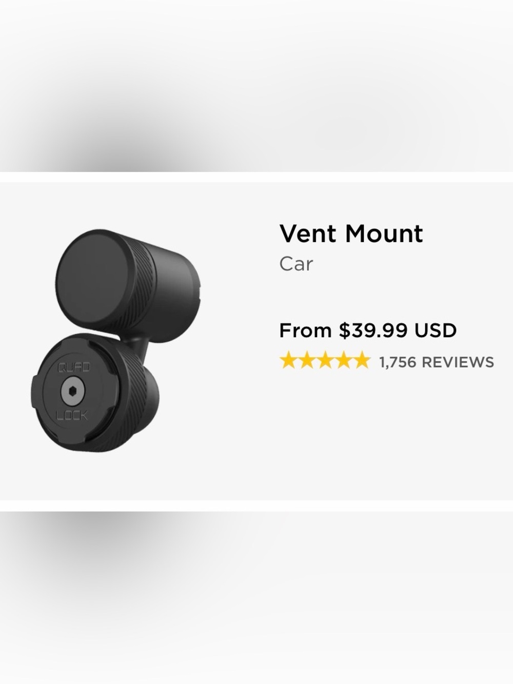 Quad Lock Cell Phone Car Vent Mount - Black, one size, NWOT
